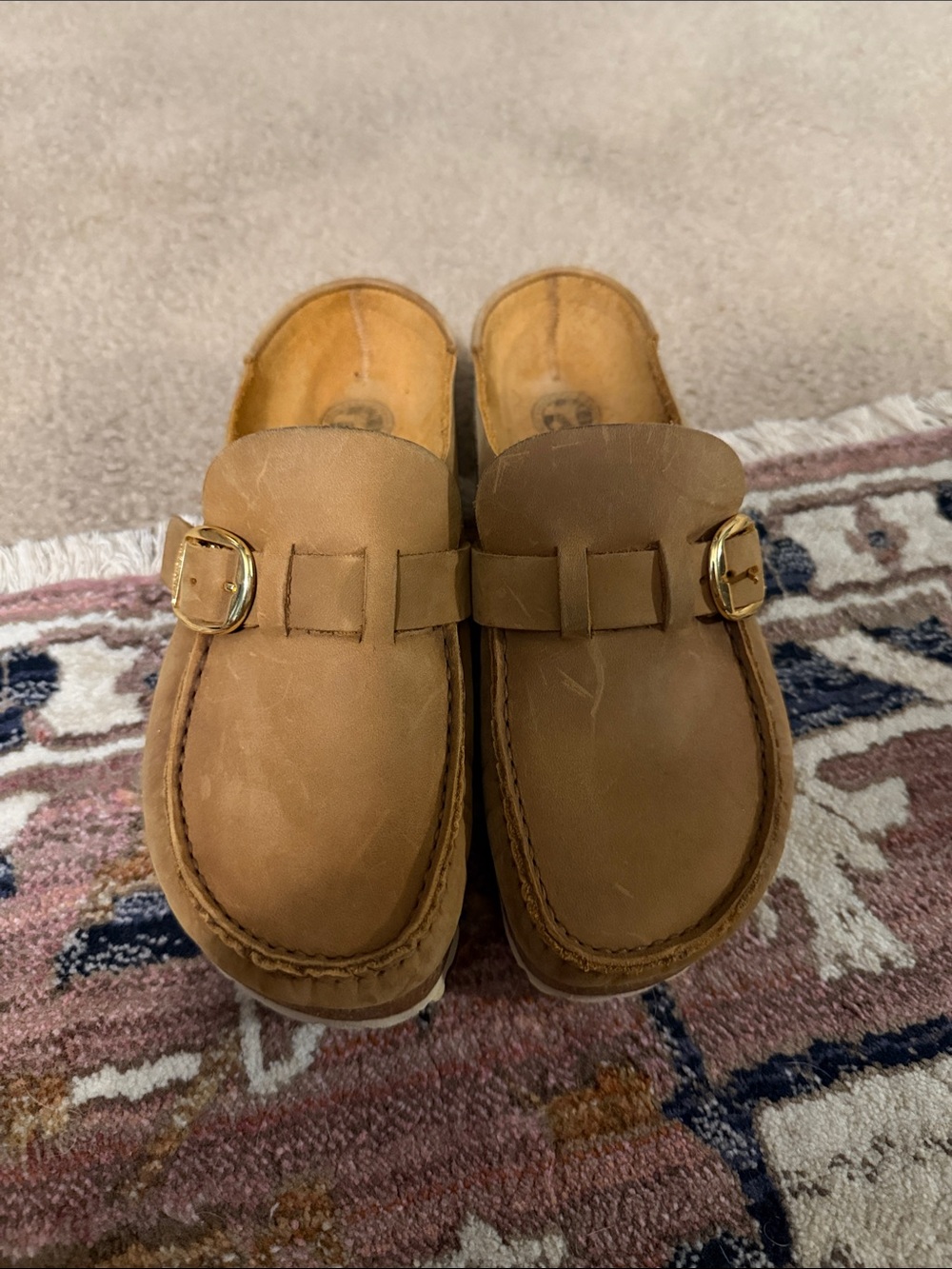 Birkenstock Tan Leather Clog Mules with Gold Buckles